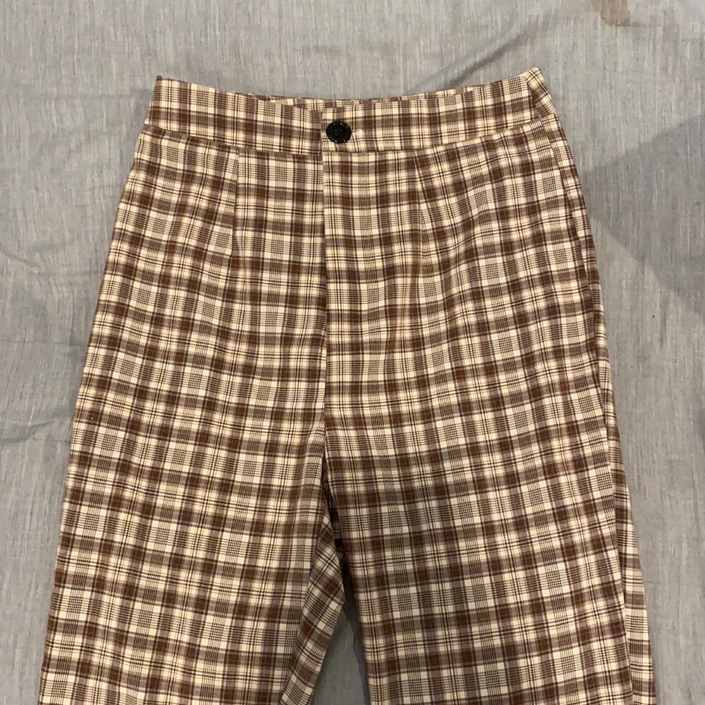 Brown plaid / gingham high waisted pants